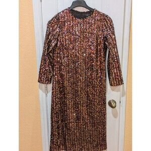 ZARA MULTICOLOURED MIDI SEQUINNED DRESS WITH LONG SLEEVES SIZE 6